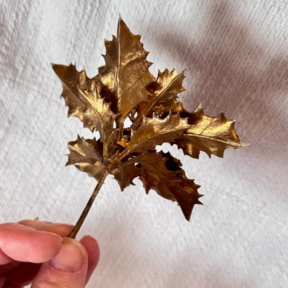 5 VINTAGE Metallic Gold Winter Holly Faux Floral Stems Thick & Rubbery Picks